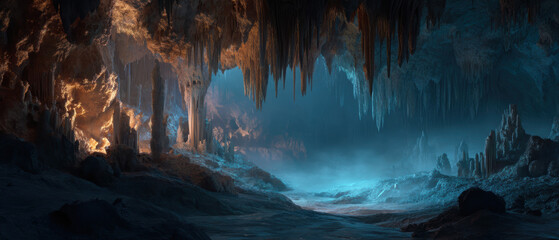 Mysterious cave interior with dramatic stalactites, stalagmites, and glowing blue ambient light