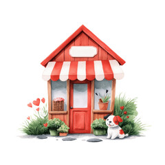 Charming red storefront with a friendly dog and greenery