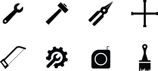 Black Silhouette Vector Icons of Various Hand Tools for Repair and Maintenance