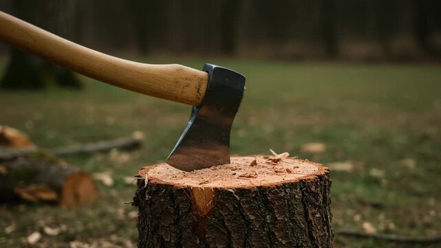 Dramatic close-up of an axe striking a log, with wood chips flying through the air. Captures the raw energy of chopping wood outdoors. Perfect for forestry, labor, or survival concepts.