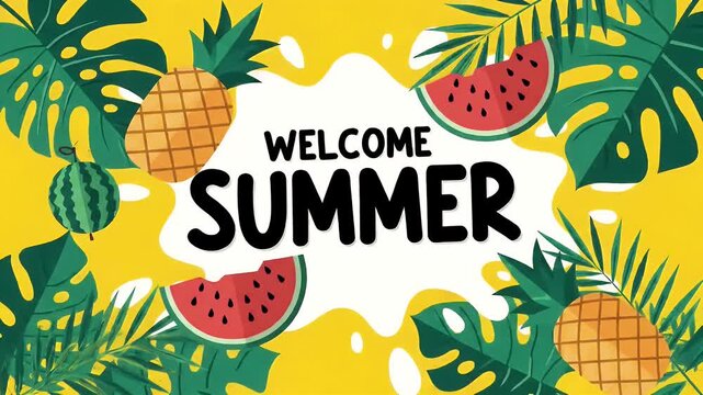 Welcome Summer Fruits and Green Leaves on a Yellow Background for Holiday Season