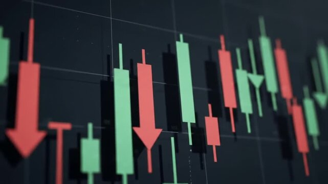 Close up of a stock market chart with green and red candlesticks on a dark background