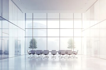 Bright and modern conference room with glass walls and table ready for business meetings