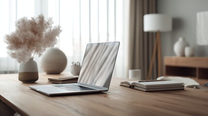 A minimalist Scandinavian style home office workspace with a wooden desk and white surfaces, a Macbook and notebook bathed in soft daylight, showcasing a peaceful and productive work environment.