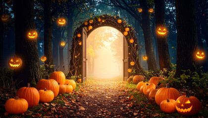 A fantastical, otherworldly portal opening in a dark forest