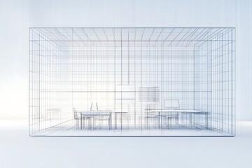 Wireframe office interior design with desk and computer, architectural blueprint visualization