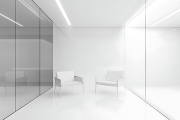 Minimalist white interior with modern armchairs and glass walls, creating a serene atmosphere