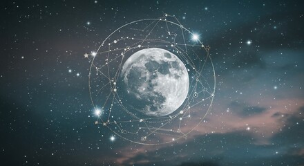 Obraz premium Full moon shines with astrology chart overlay in a starry night sky.