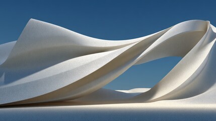 Abstract white fabric waves flowing against a clear blue sky background