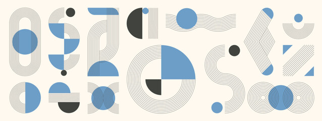 Abstract minimal element mid century vector set. Aesthetic contemporary stripe line art, vintage geometric shape in black and blue color. Atomic age Art design for wall art, decoration, wallpaper.