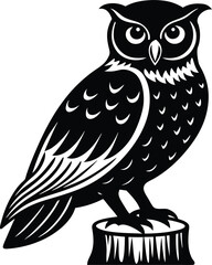 Wise Owl Sitting on Tree Stump.