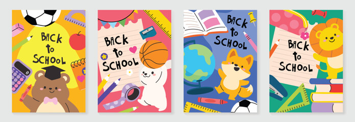 Back to school vector poster. Study Background design with cute animal cartoon and education school supplies element. Kids hand drawn flat design for poster , wallpaper, website and cover template.