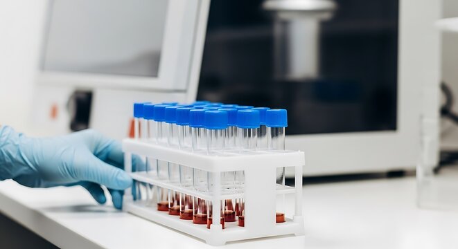 Medical professional handling blood samples in a laboratory with advanced equipment