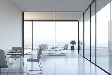 Modern office interior with cityscape view, conference room, and minimalist furniture