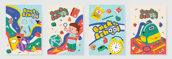 Naklejka na ściany i meble Back to school vector poster. Study Background design with children and education school supplies element. Kids hand drawn flat design for poster , wallpaper, website and cover template.