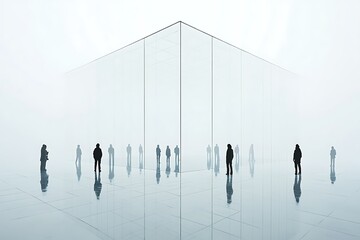 Silhouetted figures in a bright, modern space with mirrored floor and glass architecture