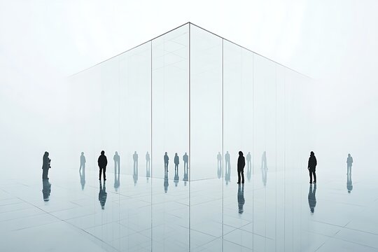 Silhouetted figures in a bright, modern space with mirrored floor and glass architecture