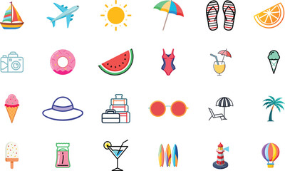 Vibrant collection of summer vacation icons and illustrations