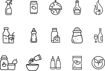 Collection of hand drawn icons representing various household items and liquids