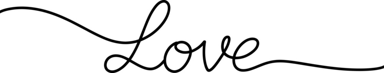 Elegant handwritten love word in continuous line style isolated on white background