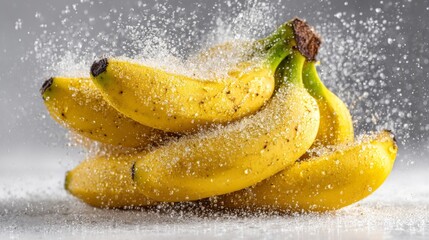 Yellow Bananas with Water Splash on Grey Background