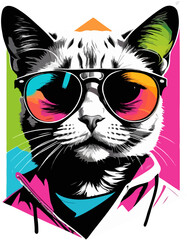 Funky Neon Cat with Sunglasses Vector Art