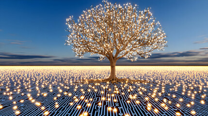 growing from a motherboard root system in a field of glowing code