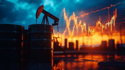 Oil barrels and a pumpjack at sunset with a rising financial graph overlay reflecting energy market growth.