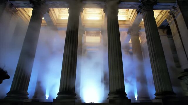 Ancient Columns Enveloped in Mystic Fog: A Serene Architectural Background Video