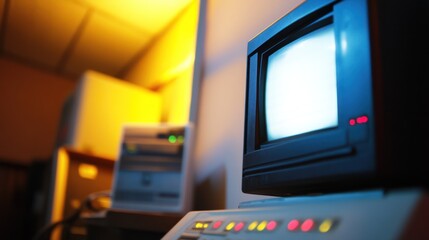 Old computer setup, monitor screen white, warm ambient light, blurred machines