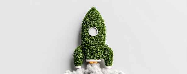 Eco Startup concept Rocket-shaped design made of plants, symbolizing growth and innovation in a minimalist style.