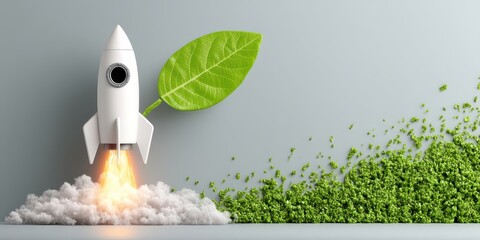 Eco Startup concept A rocket launching with a green leaf, symbolizing eco-friendly innovation and sustainable technology.