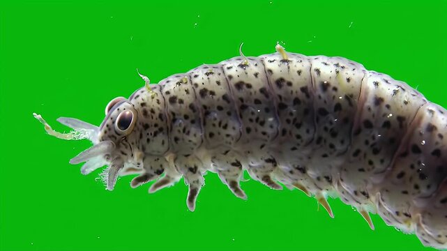 Macro Portrait of a Segmented Aquatic Invertebrate Larva with Speckled Body and Intricate Appendages on a Bright Green Background, Detailed Close-u...