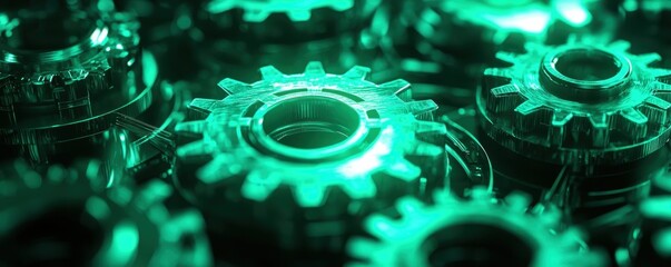 Eco Startup concept Close-up view of metallic gears illuminated in green tones, highlighting industrial machinery details.