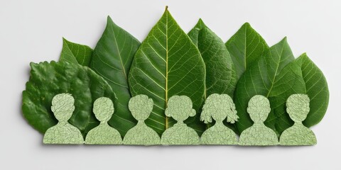Eco Startup concept Silhouettes of people integrated with green leaves symbolize unity with nature.