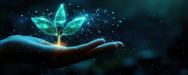 Eco Startup concept A hand holds a glowing, digital plant, symbolizing growth and technology in harmony with nature.