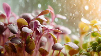 Fototapeta premium Microgreens growing in rain with droplets against a soft background 