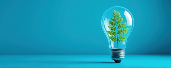 Eco Startup concept A light bulb with a fern inside, symbolizing nature and sustainability against a blue background.