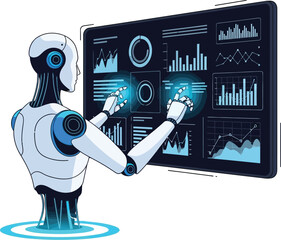 Robot analyzing data on screen ai powered automation and machine learning for business intelligence
