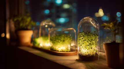 Obraz premium Indoor plants illuminated in glass containers on windowsill at night 