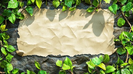 Eco Startup concept Blank textured canvas framed by green leaves and vines, creating a natural, organic feel.