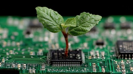 Eco Startup concept A plant sprouting from a circuit board symbolizes the fusion of nature and technology.
