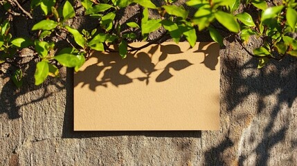 Eco Startup concept A blank sign partially obscured by green leaves, casting shadows on a textured surface.
