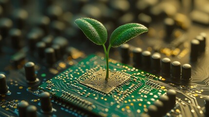 Eco Startup concept A sprouting plant emerges from a computer circuit board, symbolizing technology and nature's harmony.