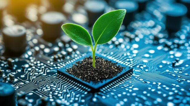 Eco Startup concept A plant sprouts from a circuit board, symbolizing technology and nature's harmony.