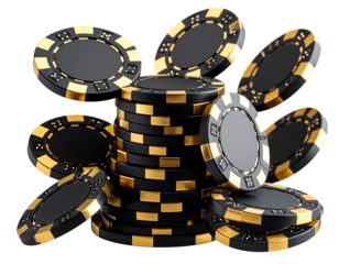 3D Stack of Black-Gold Poker Chips with Falling Chips in Motion