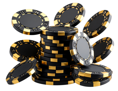 3D Stack of Black-Gold Poker Chips with Falling Chips in Motion - Powered by Adobe