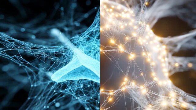 Two images of a neuron, one blue and one white. blue stem and a blue body. minimal split screen: left half digital neural net, right half stylized quantum cloud lattice, quantum ai development