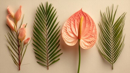 Naklejka premium Pink and Green Tropical Flower and Leaf Arrangement on Beige Background