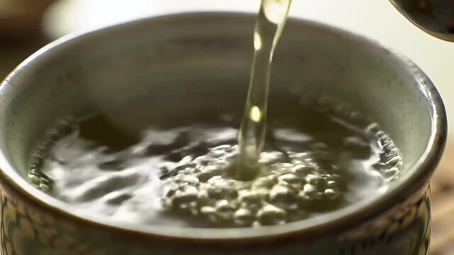 Pouring Refreshing Tea into Ceramic Cup A Serene Moment of Wellness and Relaxation with a Healthy Beverage Experience (142 characters)